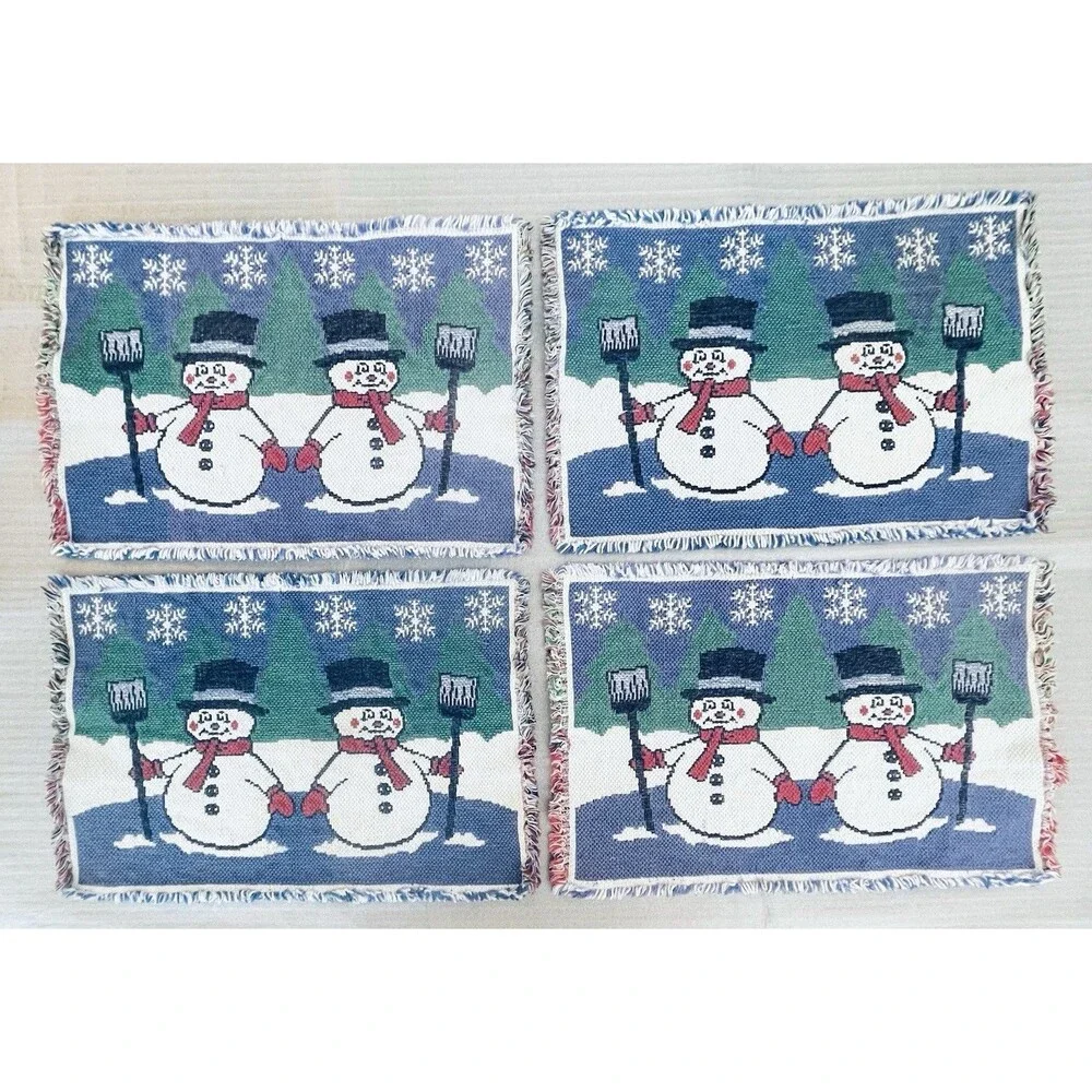 Snowman Tapestry Placemats Set of 4 Fringe Edges Winter Christmas Decor 17.5